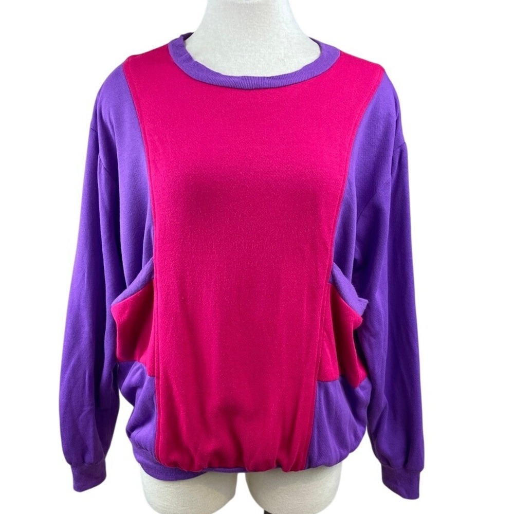 Vintage 80s Womens (XL) Color Block Pockets Pink Purple Sweatshirt Rave‎ Boxy